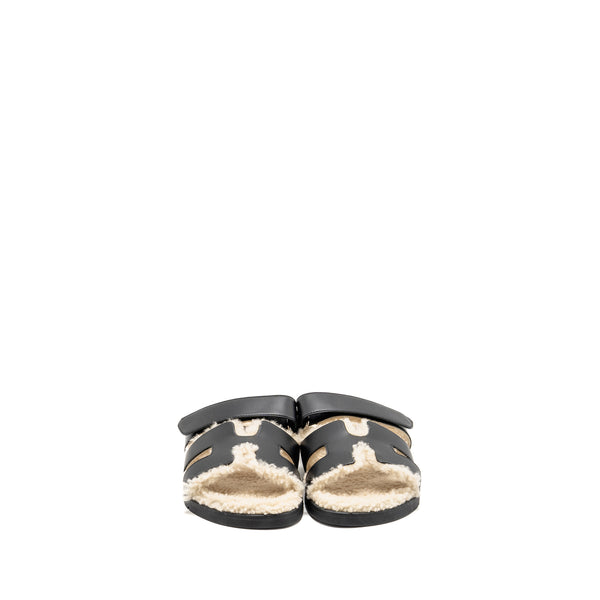 Hermes Size 38.5 Chypre sandal calfskin/shearling lining black SHW