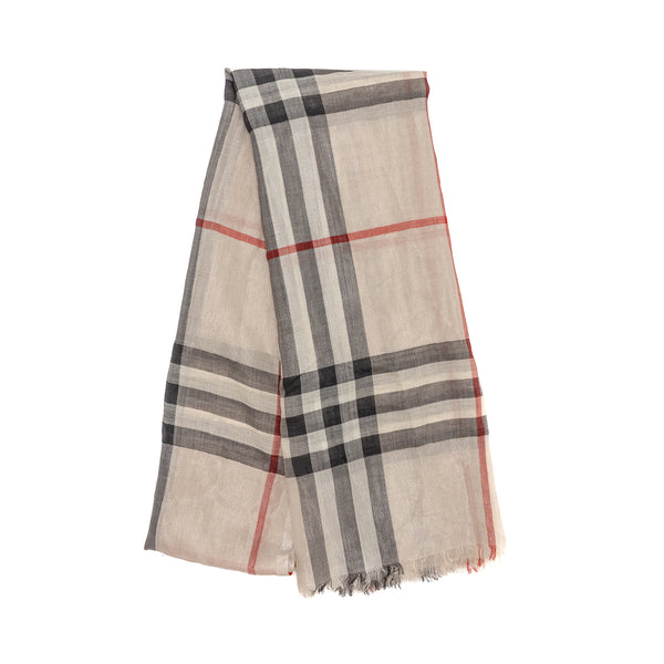Burberry Metallic Gauze Giant Check Scarf Wool/Silk Stone/Silver