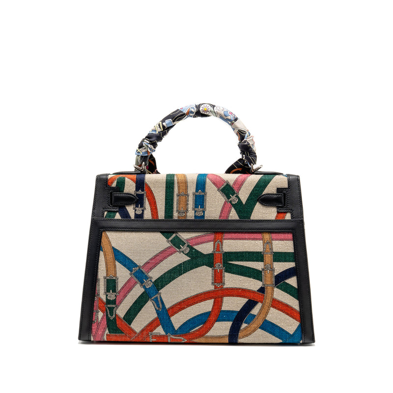 Hermes Kelly 32 limited edition Toile de washed canvas / swift leather black / cavalcadour print SHW stamp A