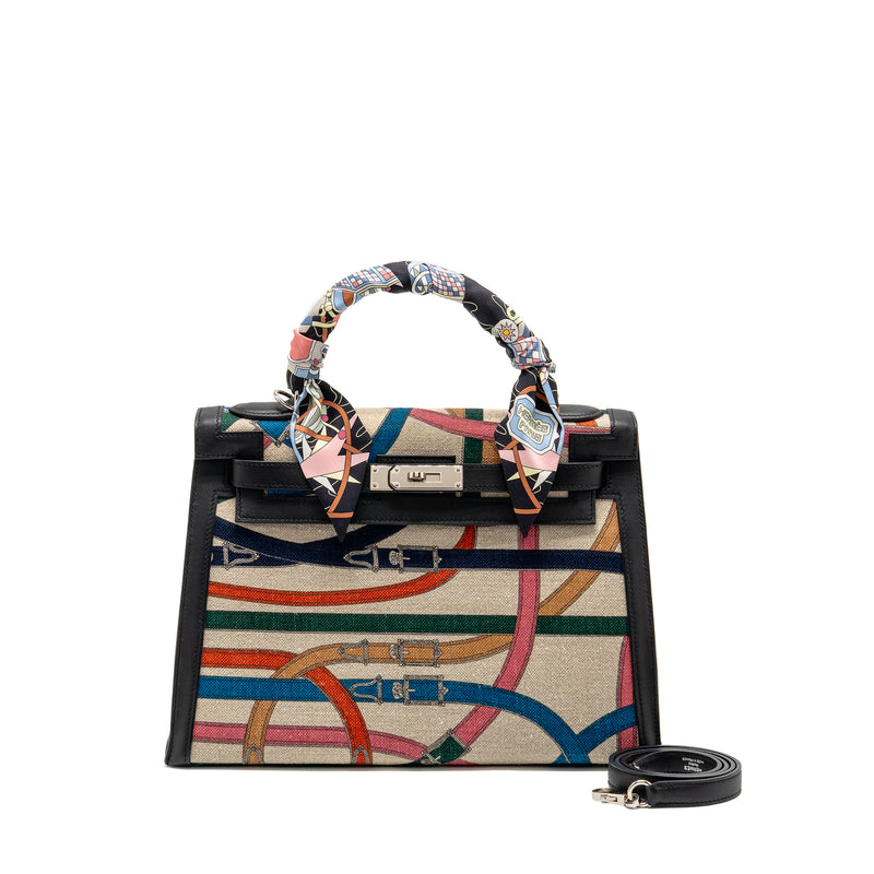 Hermes Kelly 32 limited edition Toile de washed canvas / swift leather black / cavalcadour print SHW stamp A