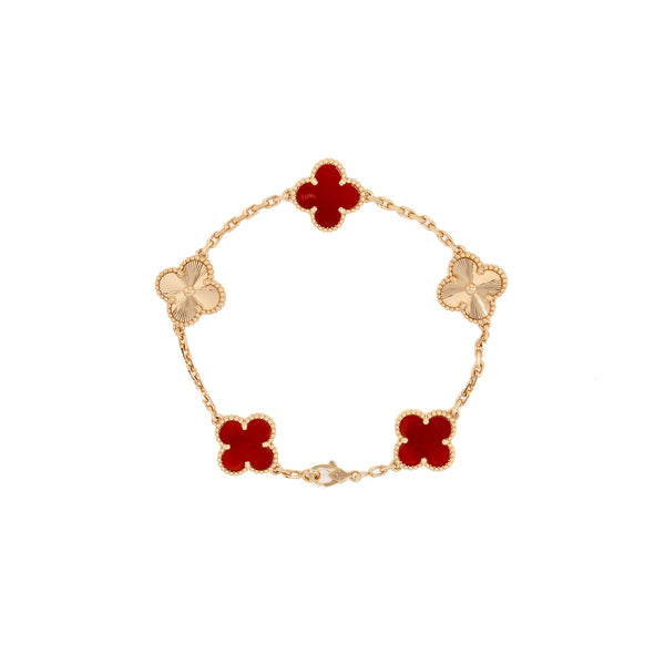 Van Cleef Vintage Alhambra Bracelet 5 Motif Rose Gold, Carnelian