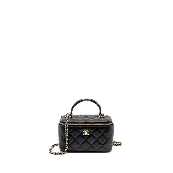 Chanel Top Handle Long Vanity Case with Chain Lambskin Black LGHW (microchip)