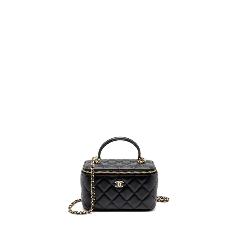 Chanel Top Handle Long Vanity Case with Chain Lambskin Black LGHW (microchip)