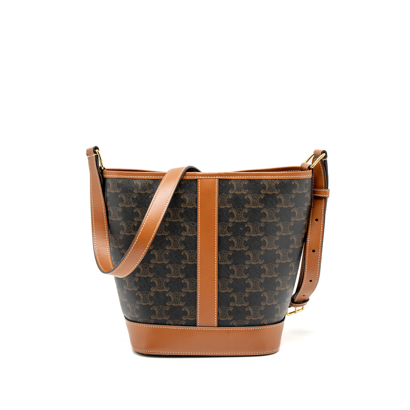 CELINE SMALL BUCKET IN TRIOMPHE CANVAS AND CALFSKIN TAN