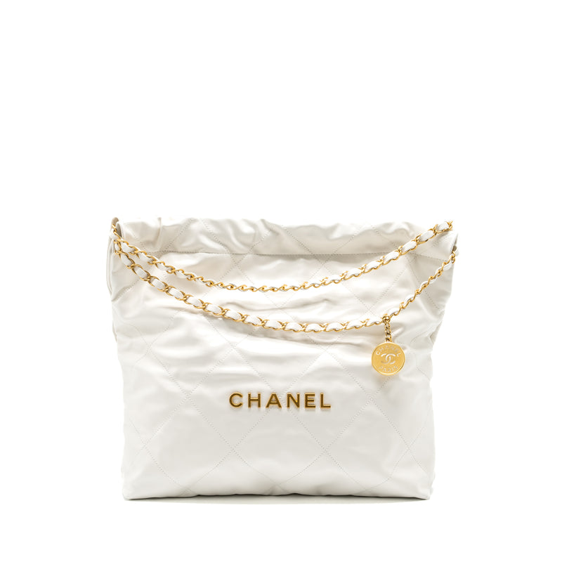 Chanel Medium 22 Bag Gold Letter Shiny Calfskin White GHW(microchip)