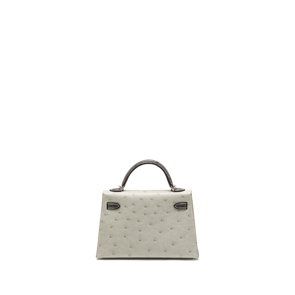 Hermes Mini Kelly II Special Order Ostrich Gris Perle / Graphite SHW Stamp W