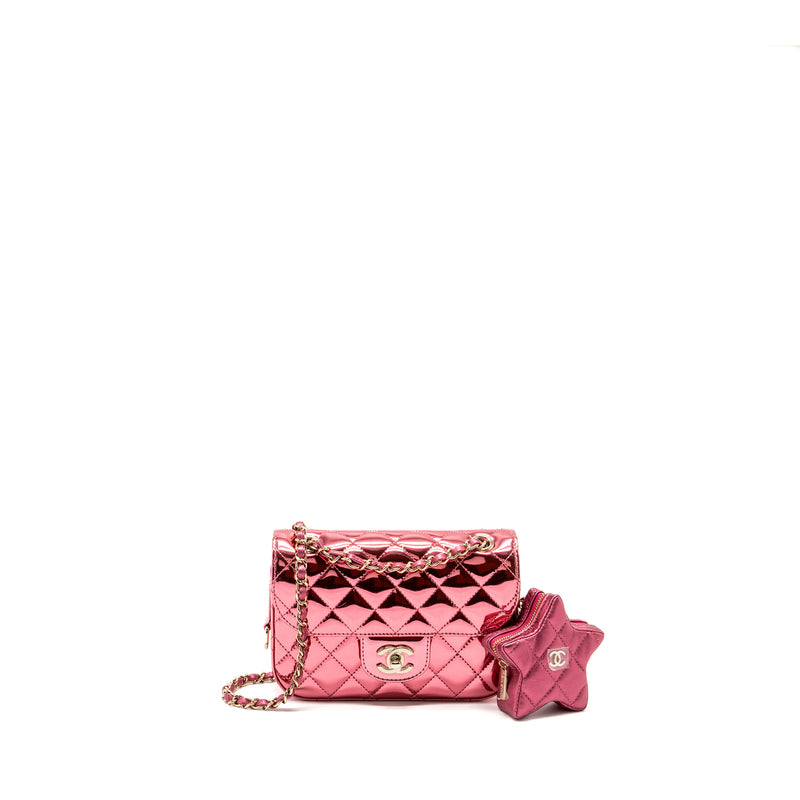 Chanel 24C Mini Flap Bag with Star Coin Purse Patent/Calfskin Metallic Pink LGHW (Microchip)