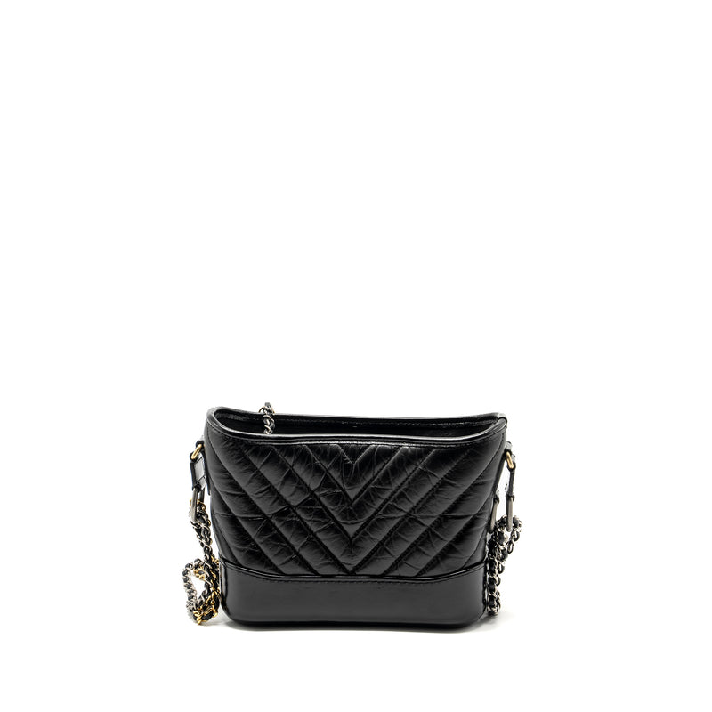 Chanel Small Gabrielle  Hobo Bag Chevron Aged Calfskin Black Multicolour Hardware