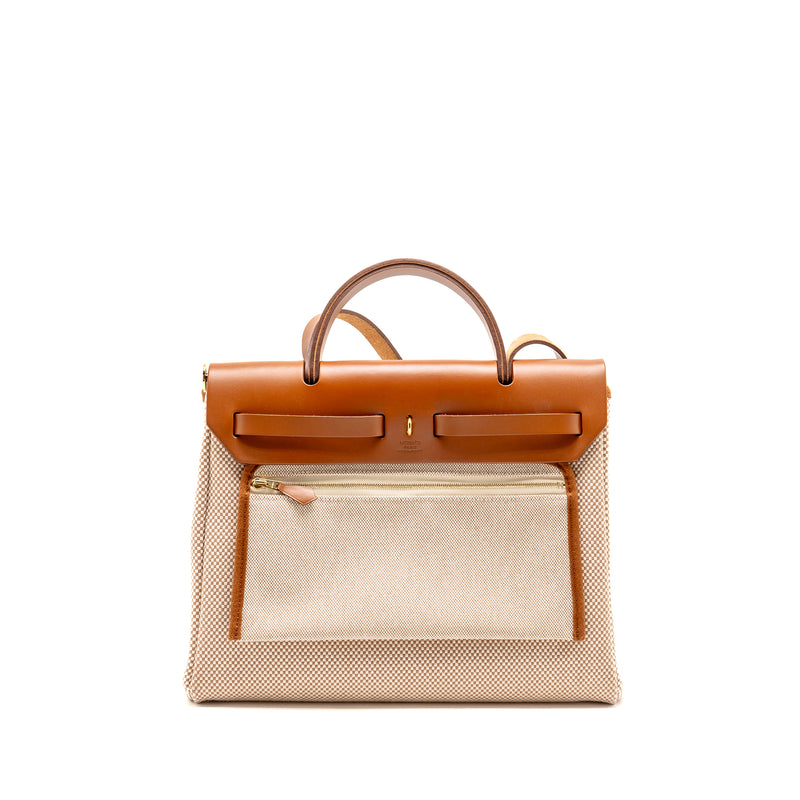 Hermes Herbag 31 Zip Bag Canvas/Vache Hunter Ecru-beige/Fauve GHW Stamp B