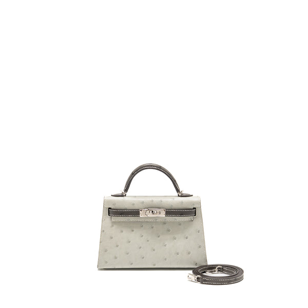 Hermes Mini Kelly II Special Order Ostrich Gris Perle / Graphite SHW Stamp W