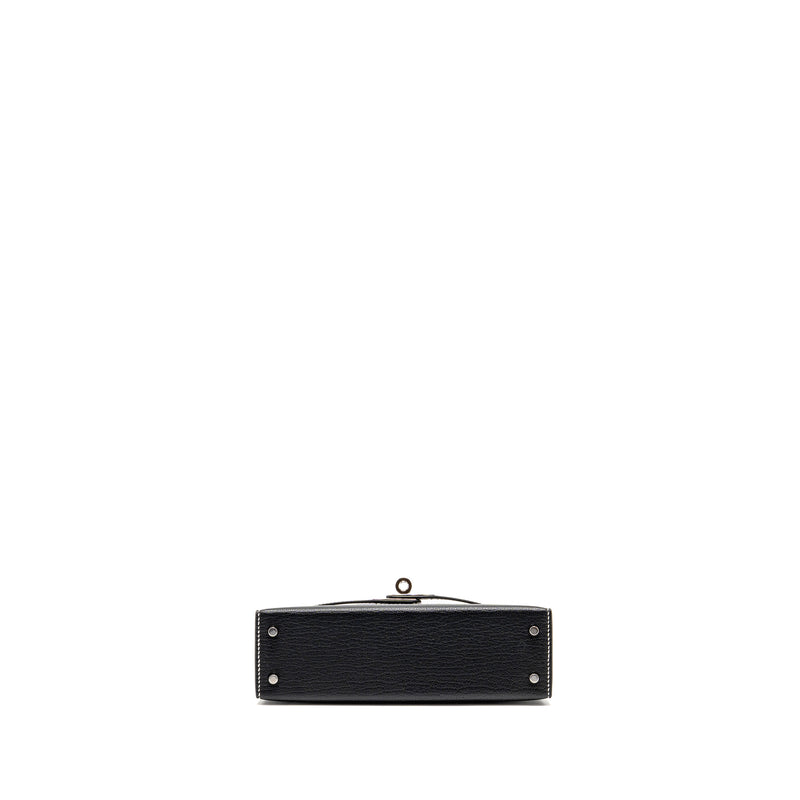 Hermes Mini Kelly II Special Order Chèvre Mysore Black/Gris Perle White Stitching SHW Stamp W