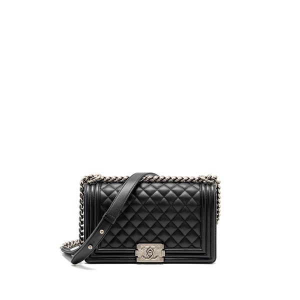 Chanel Medium Boy Bag Caviar Black Ruthenium Silver Hardware (Microchip)