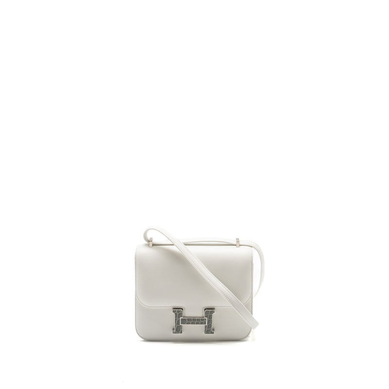 Hermes Mini Constance Evercolor/Alligator Mississippiensis Lisse Buckle New White / Gris Ciment SHW Stamp B