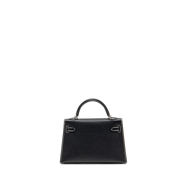 Hermes Mini Kelly II Special Order Chèvre Mysore Black/Gris Perle White Stitching SHW Stamp W