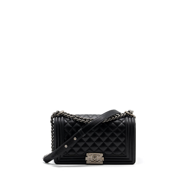 Chanel Medium Boy Bag Caviar Black Ruthenium Silver Hardware(Microchip)