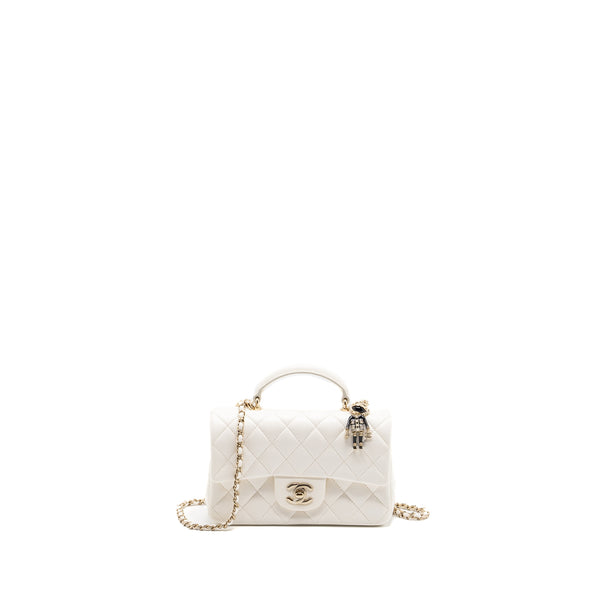 Chanel top handle mini rectangular flap bag lambskin white LGHW (Microchip)