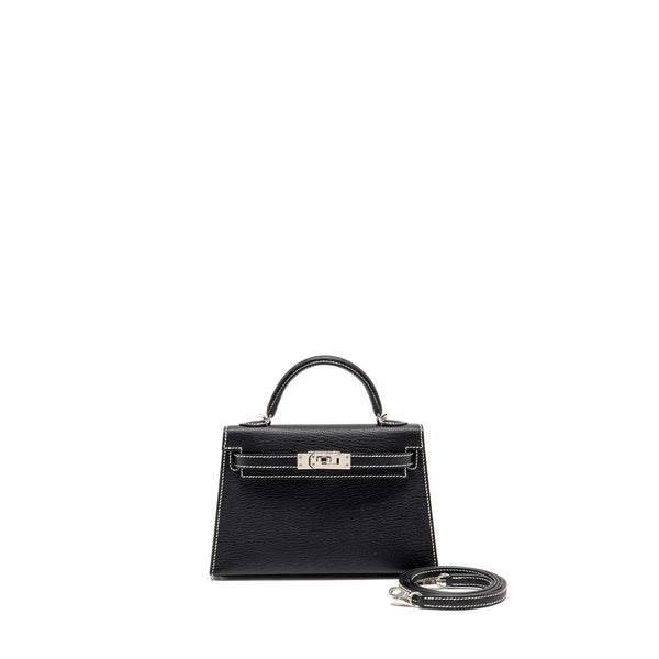 Hermes Mini Kelly II Special Order Chèvre Mysore Black/Gris Perle White Stitching SHW Stamp W