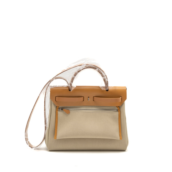 Hermes Herbag 31 Zip Bag Canvas/Vache Hunter Beton/Naturel Sable SHW Stamp U