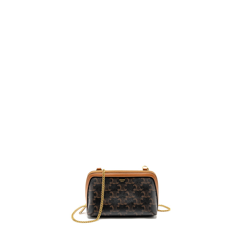 Celine Clutch With Chain in Triomphe Canvas / Lambskin Tan GHW