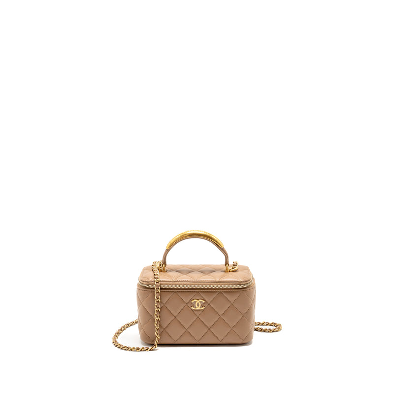 Chanel Top Handle Long Vanity with Chain Lambskin Dark Beige GHW (Microchip)