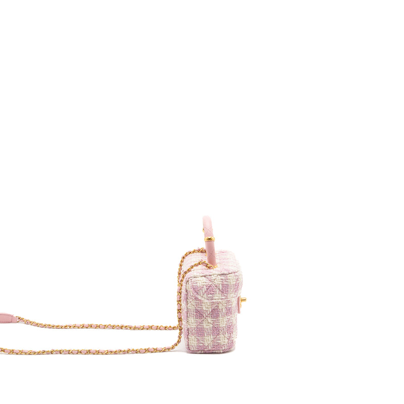 Chanel 23s Top Handle Small Vanity Case With Chain Tweed/lambskin Pink Brushed GHW(Microchip)