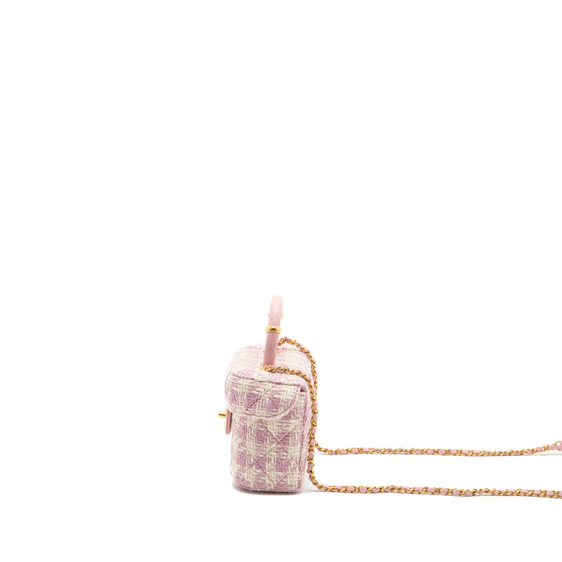 Chanel 23s Top Handle Small Vanity Case With Chain Tweed/lambskin Pink Brushed GHW(Microchip)