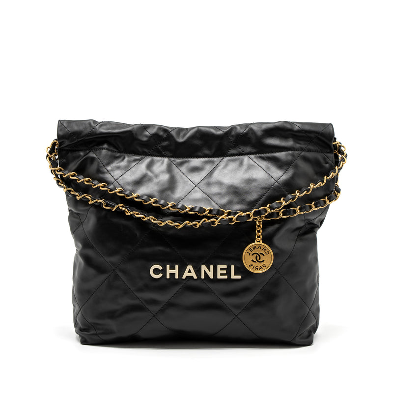 Chanel Small 22 Bag White Letter Shiny Calfskin Black Brushed GHW (Microchip)