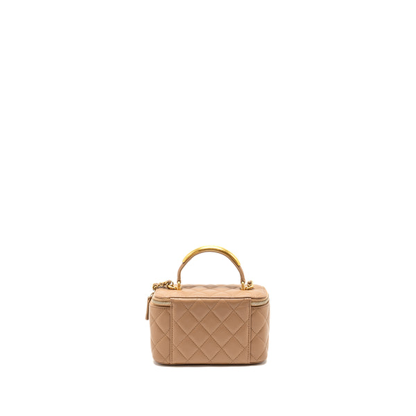 Chanel Top Handle Long Vanity with Chain Lambskin Dark Beige GHW (Microchip)