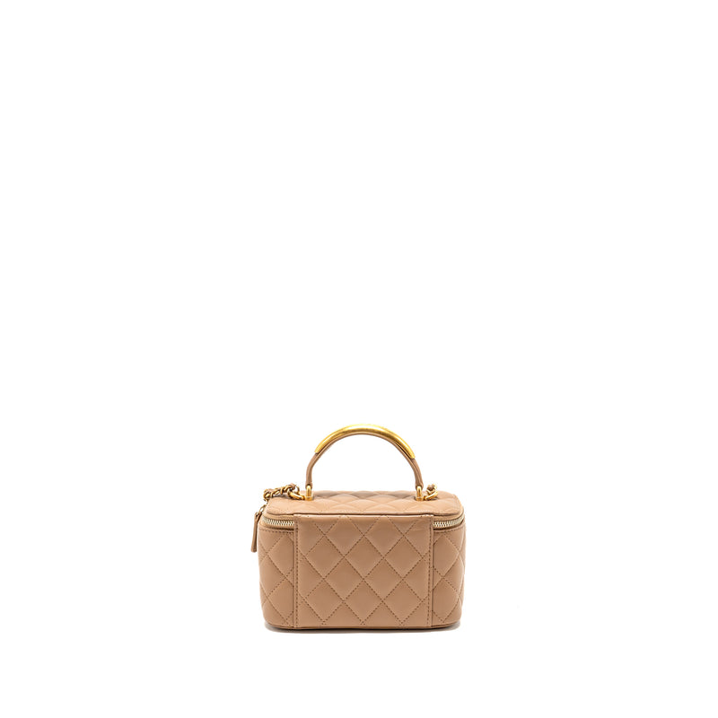 Chanel Top Handle Long Vanity with Chain Lambskin Dark Beige GHW (Microchip)