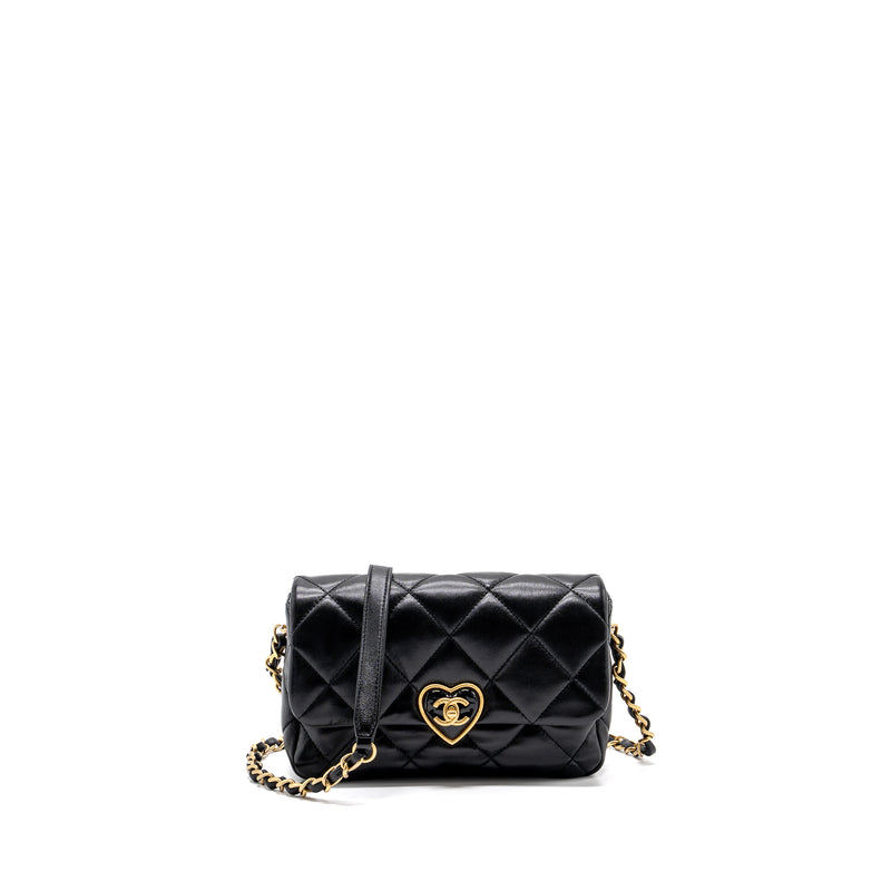 Chanel 23s Coco Love Flap Bag Lambskin Black Brushed GHW(Microchip)