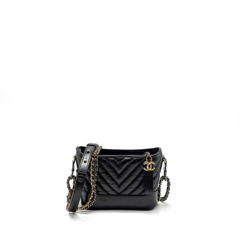 Chanel Small Gabrielle Hobo Bag Chevron Aged Calfskin BLACK Multicolour Hardware