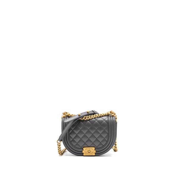 Chanel 22A Round Boy Messenger Bag Caviar Grey GHW(Microchip)