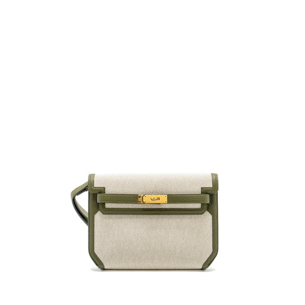 Hermes Pochette Kelly Depeches 25 Canvas / Togo Ecru Beige / Vert Olive GHW Stamp U