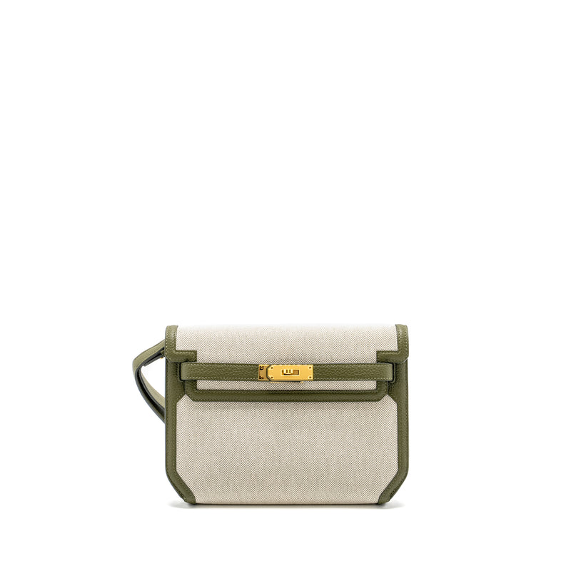 Hermes Pochette Kelly Depeches 25 Canvas / Togo Ecru Beige / Vert Olive GHW Stamp U