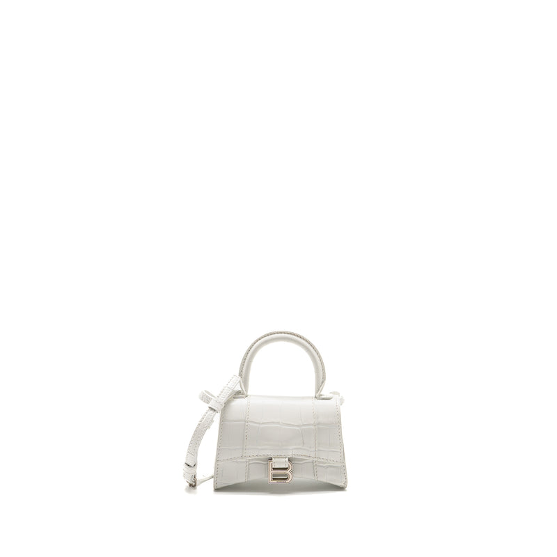 Balenciaga MINI Hourglass Bag CROC Embossed Calfskin White SHW