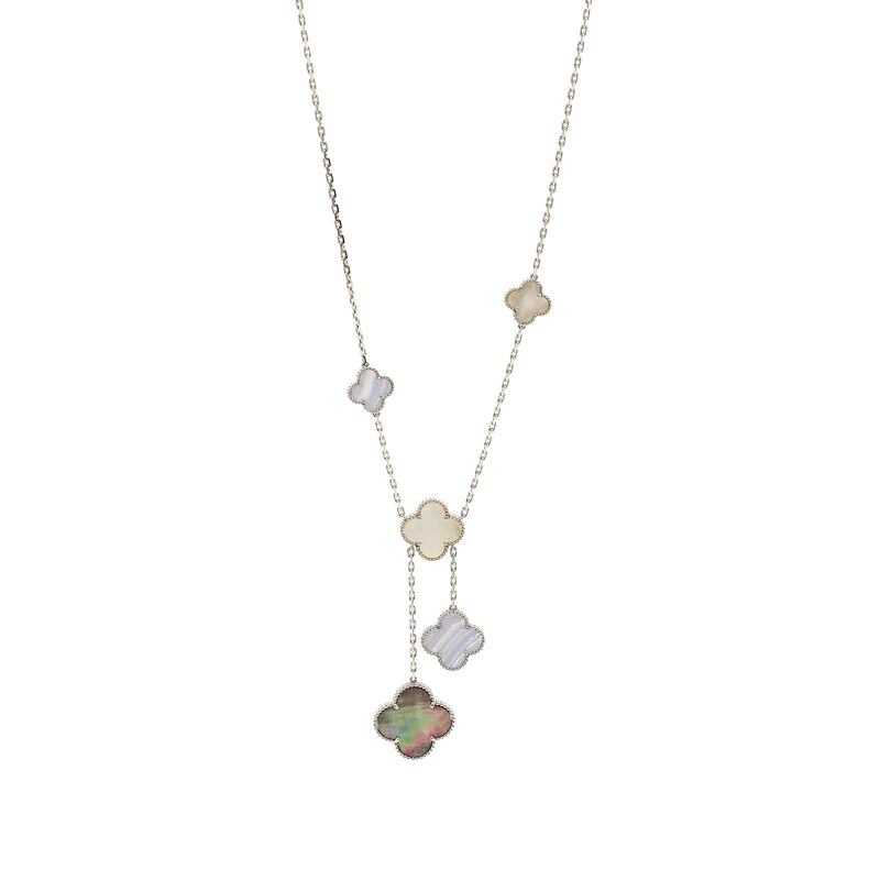 Van Cleef and Arpels magic alhambra necklace, 6 motifs WHITE GOLD/ WHITE AND GREY MOTHER OF PEARL/ CHALCEDONY