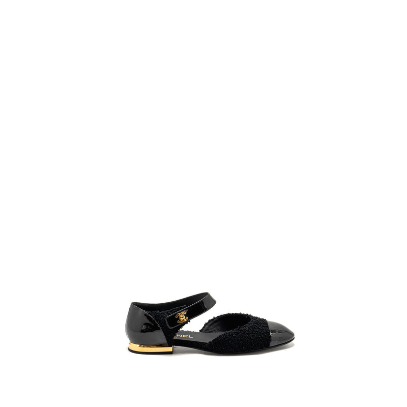 Chanel Size 39 21K CC Logo Ballerinas Tweed/Patent Calfskin Black GHW