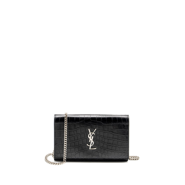 SAINT LAURENT / YSL Classic Chain Wallet Croc-Embossed Calfskin Black SHW