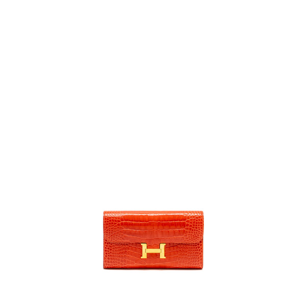 Hermes Constance Long Wallet Shiny Alligator Mississippiensis Orange Poppy GHW Stamp X