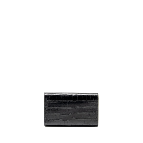 SAINT LAURENT / YSL Classic Chain Wallet Croc-Embossed Calfskin Black SHW