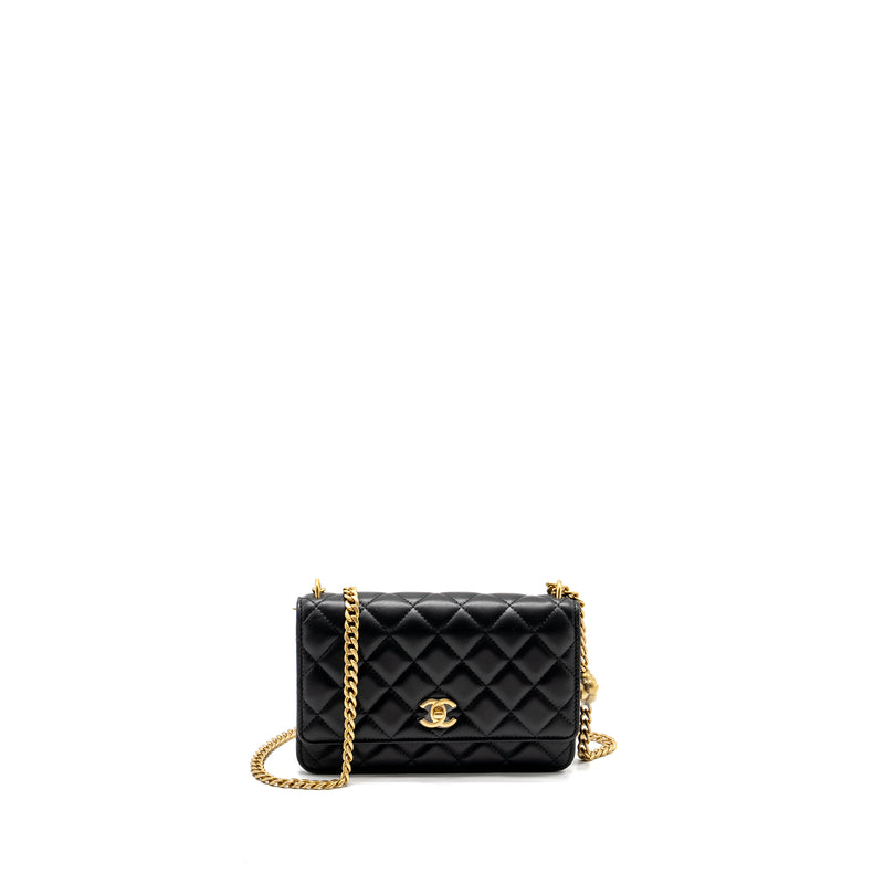 Chanel Classic Wallet on Chain With Camellia Adjustable Chain Lambskin Black GHW (Microchip)