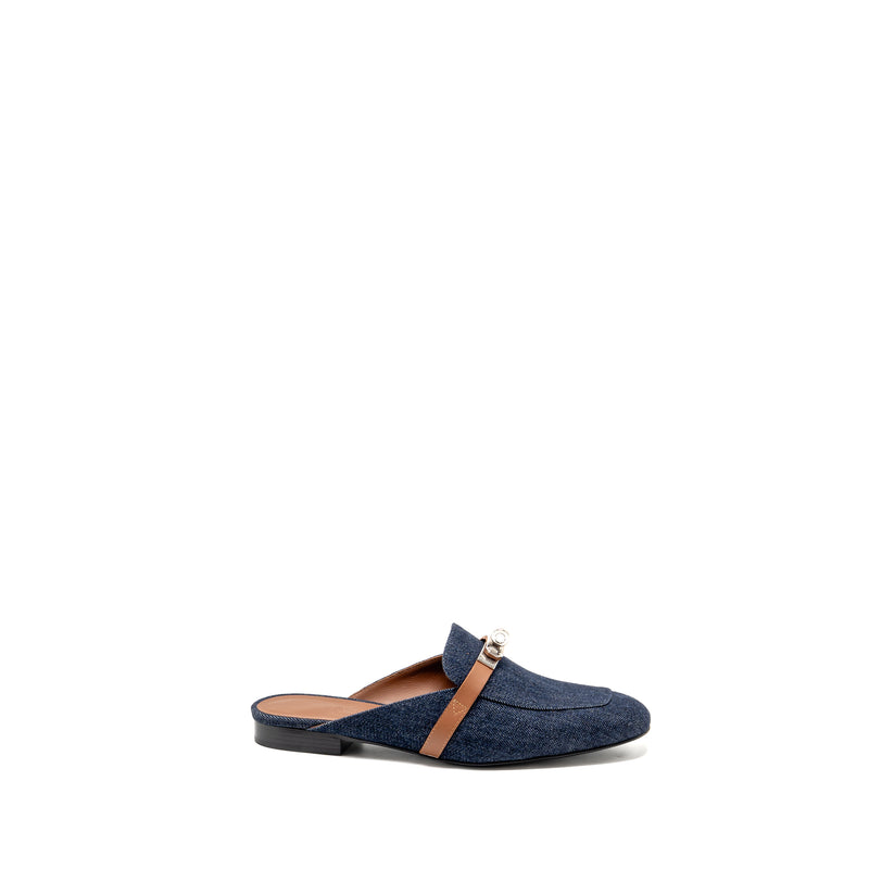 Hermes Size 38 Oz Mule Calfskin/Denim Canvas Bleu Brut/Gold SHW