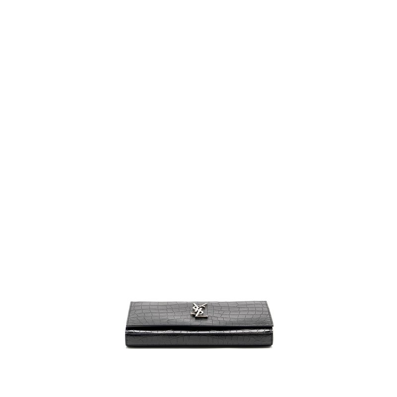 SAINT LAURENT / YSL Classic Chain Wallet Croc-Embossed Calfskin Black SHW