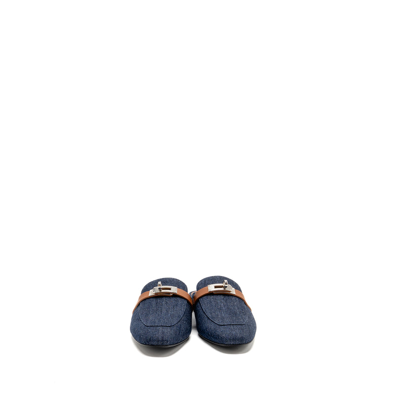 Hermes Size 38 Oz Mule Calfskin/Denim Canvas Bleu Brut/Gold SHW