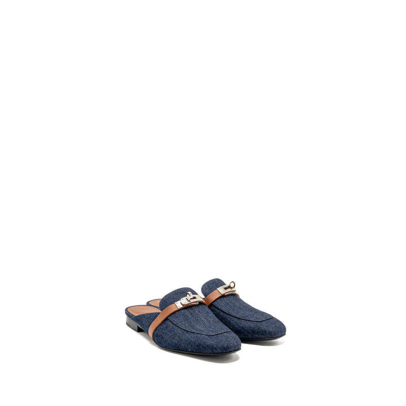 Hermes Size 38 Oz Mule Calfskin/Denim Canvas Bleu Brut/Gold SHW