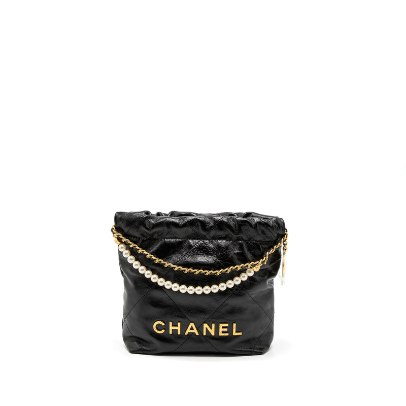 Chanel 23S Mini 22 Bag with Pearl Shiny Calfskin Black Brushed GHW (Microchip)
