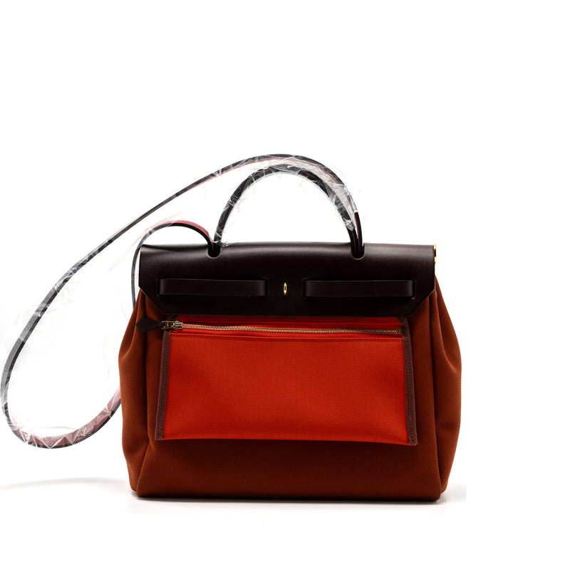 Hermes herbag zip 31 bag canvas / hunter leather Cuvier / orange Mecano/ rouge sellier GHW stamp B