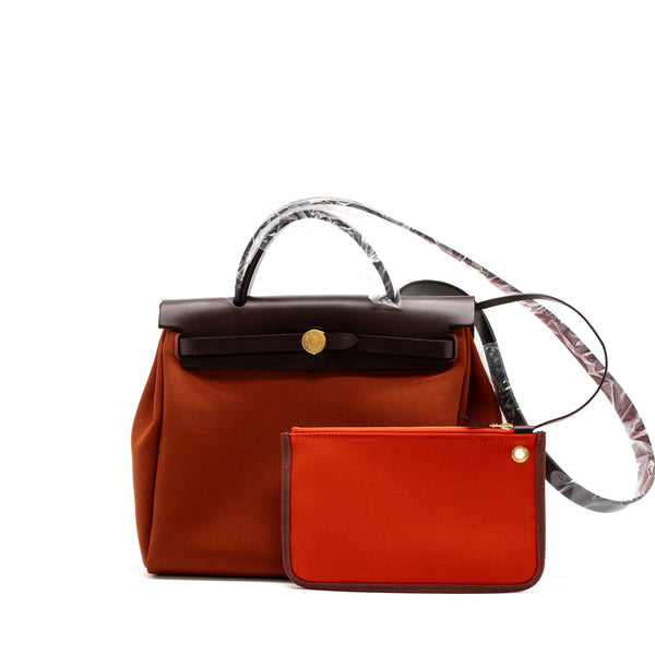 Hermes herbag zip 31 bag canvas / hunter leather Cuvier / orange Mecano/ rouge sellier GHW stamp B