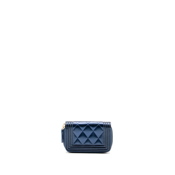 Chanel Boy Zip Card Holder/Coin Purse Lambskin Metallic Blue GHW