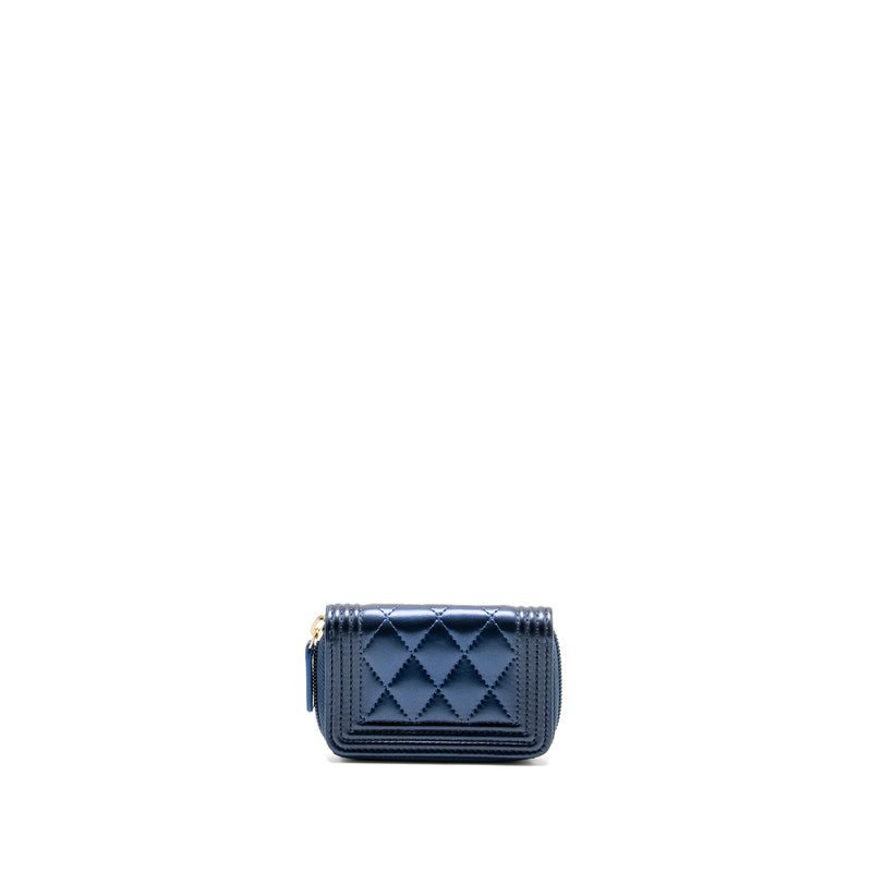 Chanel Boy Zip Card Holder/Coin Purse Lambskin Metallic Blue GHW